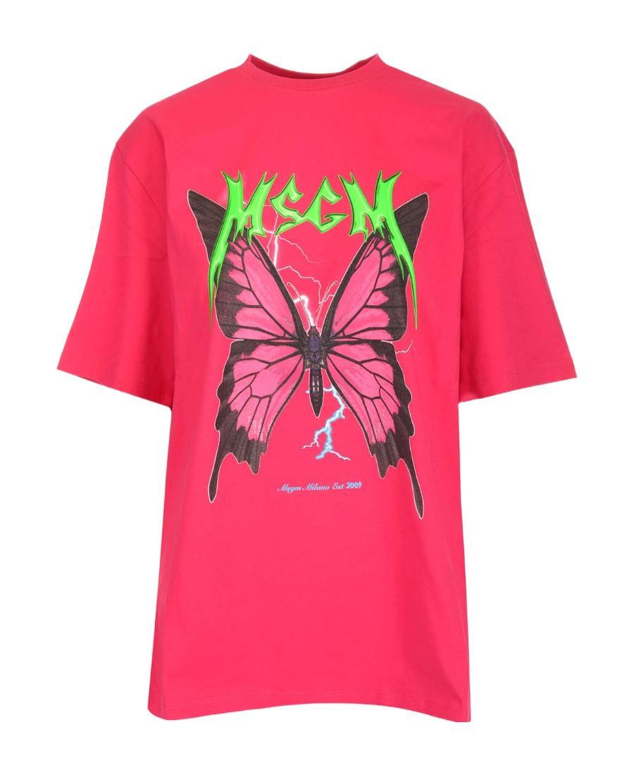 MSGM Butterfly Printed Big Profile T-shirt In Pink Product Image