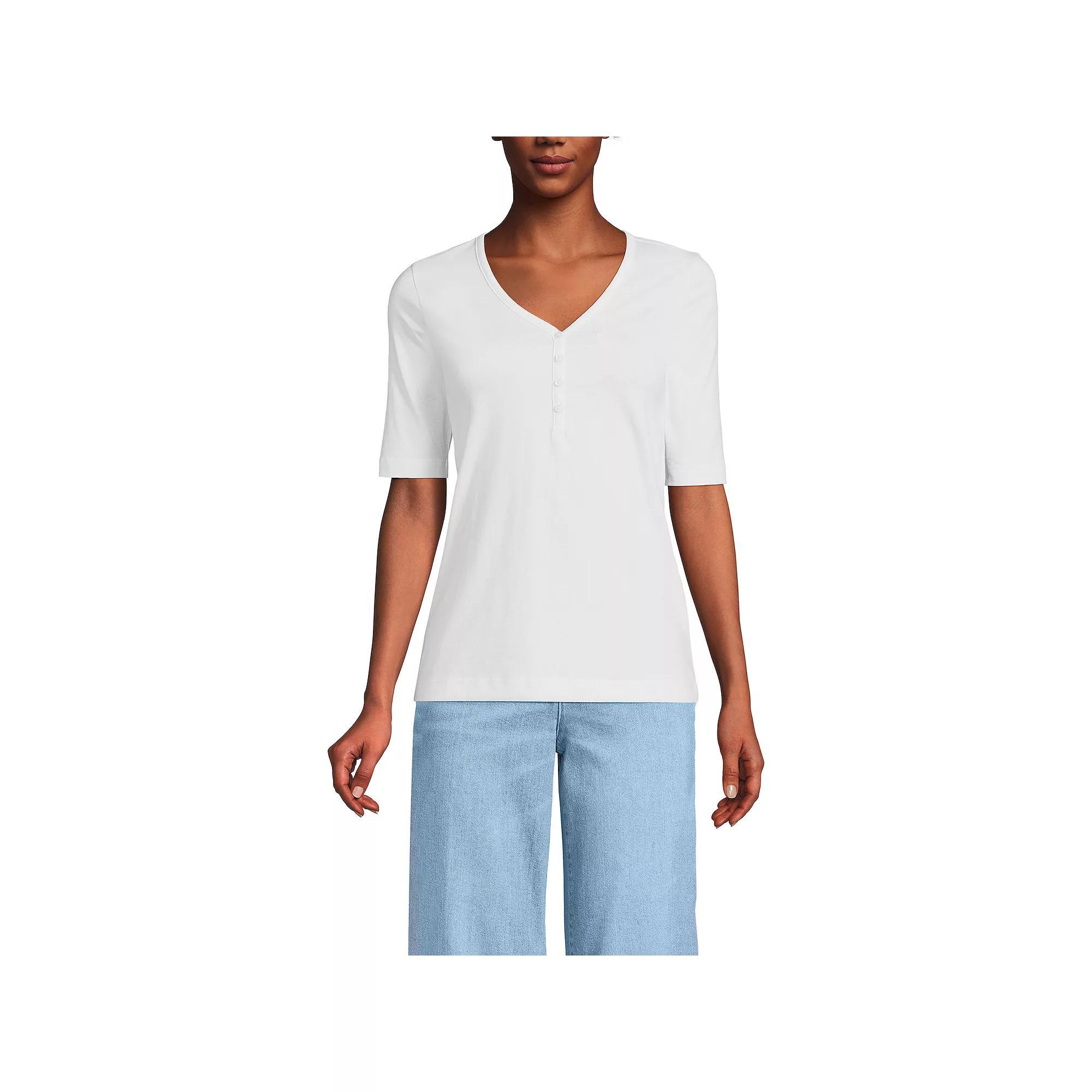 Women's Lands' End Supima Elbow Sleeve V-Neck Henley Top, Size: Large, White Product Image