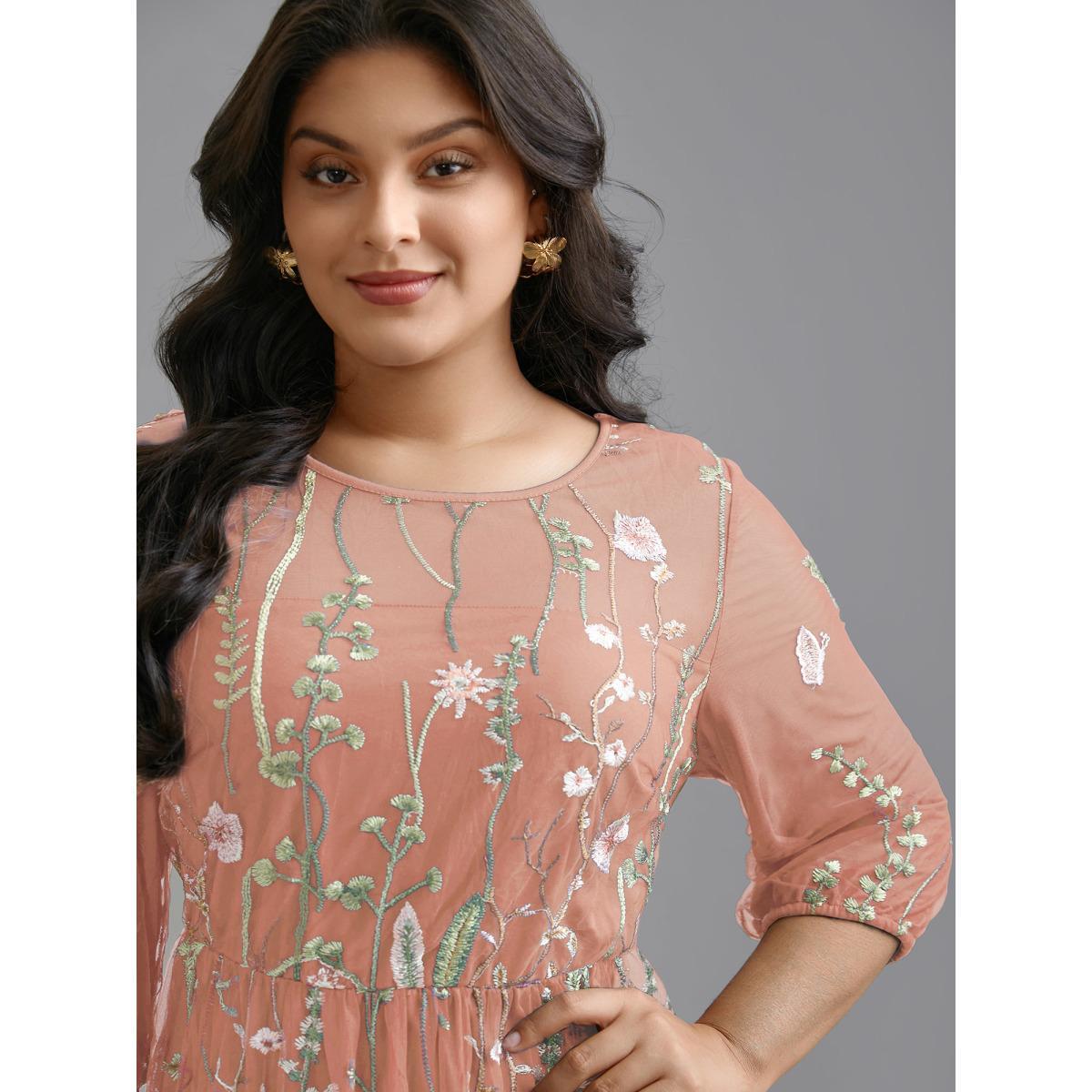 Plus Size Floral Embroidered Elastic Waist Lined Midi Dress Blush Women Cocktail Texture Party Curvy Bloomchic 26/4X Product Image