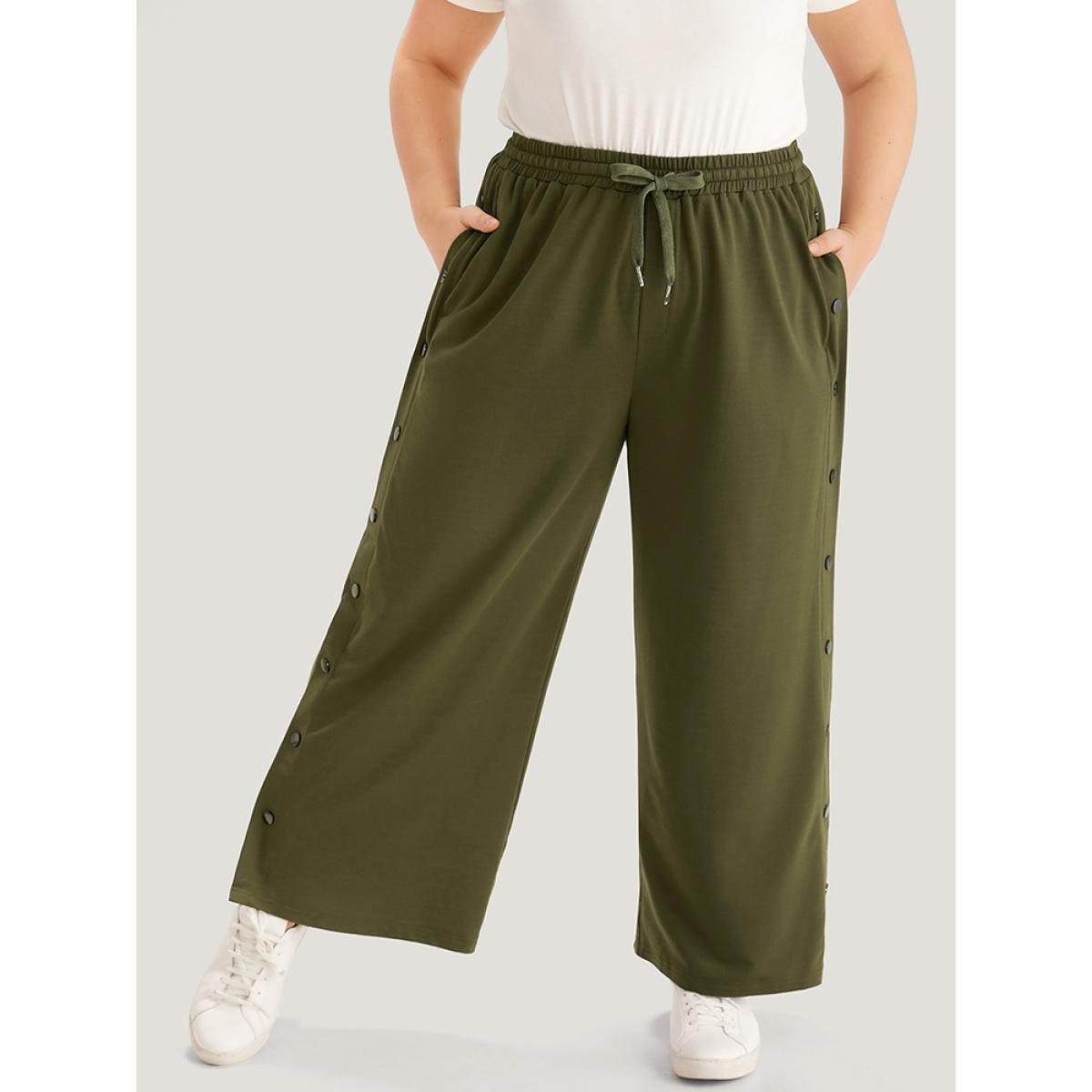 Plain Pocket Elastic Waist Button Detail Drawstring Sweatpants ArmyGreen Plus Size Women Casual Dailywear Plain 28/5X Bloomchic Product Image