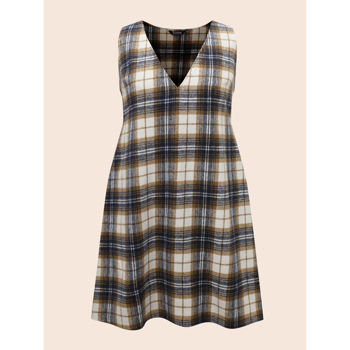 Plus Size Plaid V Neck Sleeveless Dress Multicolor Women Elegant Texture Deep V-neck Sleeveless Curvy BloomChic 10/M Product Image