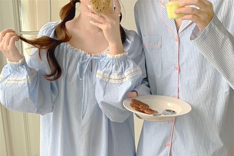 Couple Matching Long Sleeve Scoop Neck Striped Tie-Up Pajama Dress / Collared Shirt / Straight Leg Pants / Set (Various Designs) Product Image
