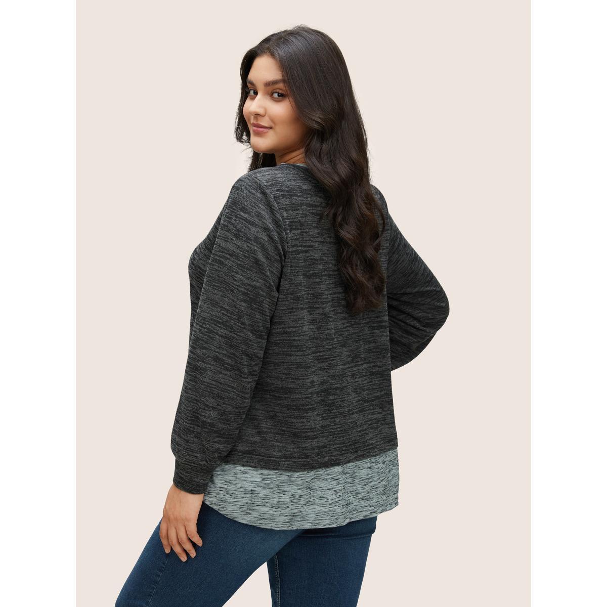 Plus Size 2-In-1 Heather Patchwork Sweatshirt Women Black Casual Contrast Round Neck Everyday Sweatshirts BloomChic 22-24/3X Product Image