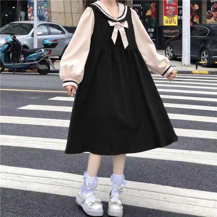 Puff-Sleeve Collar Bow Two Tone Midi Smock Dress Product Image