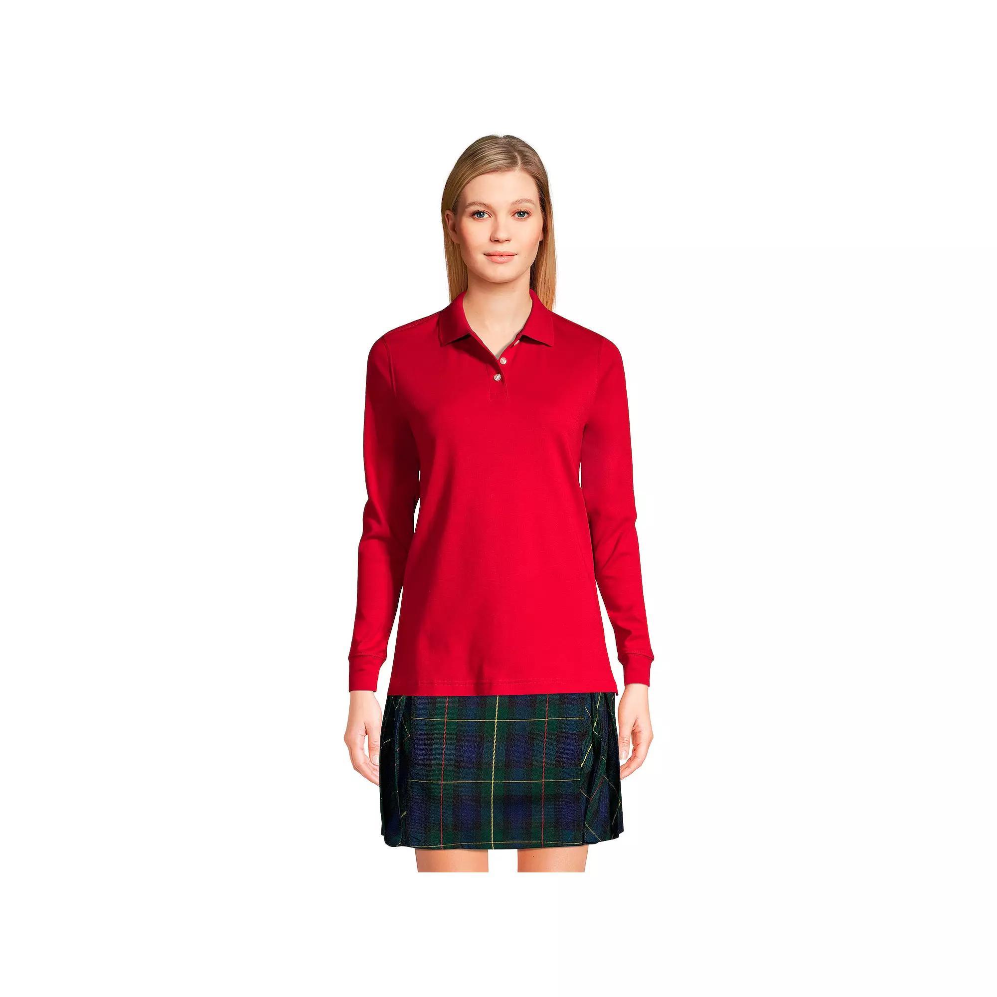 Womens Lands End School Uniform Long Sleeve 3-Button Interlock Polo Shirt Red Product Image