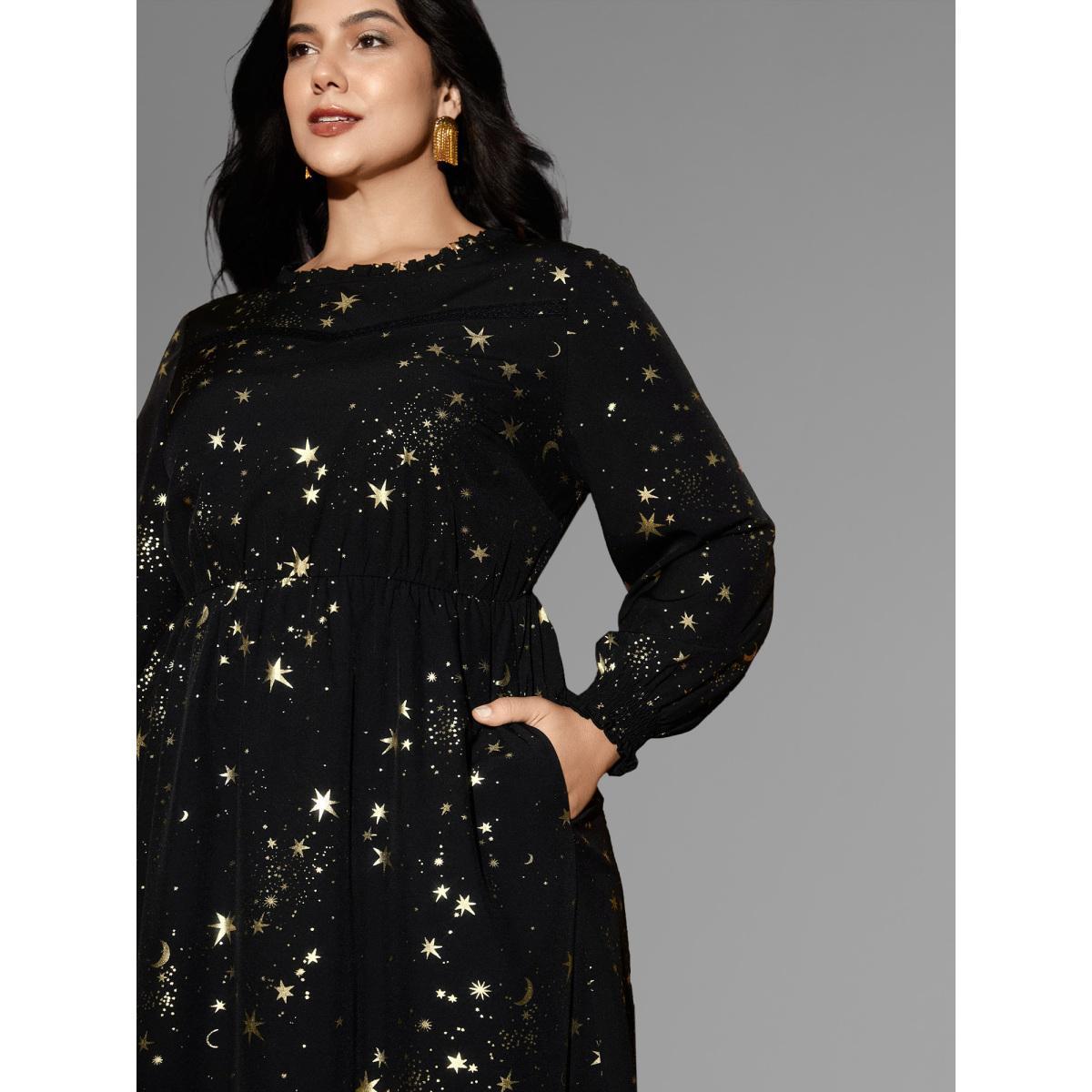 Plus Size Star Printed Lace Neckline Midi Dress Black Women Cocktail Frill Trim Party Curvy Bloomchic 12/L Product Image