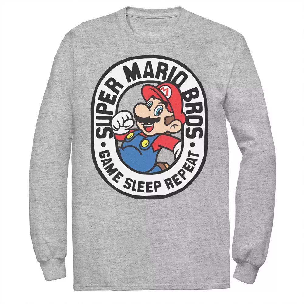 Men's Super Mario Bros Game Sleep Repeat Retro Logo Long Sleeve Tee, Size: 3XL Tall, Athletic Grey Product Image