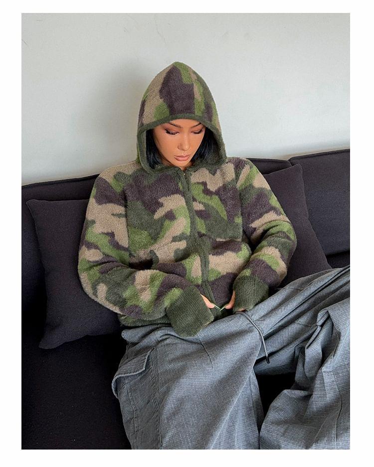 Camo Print Hooded Zip Cardigan Product Image