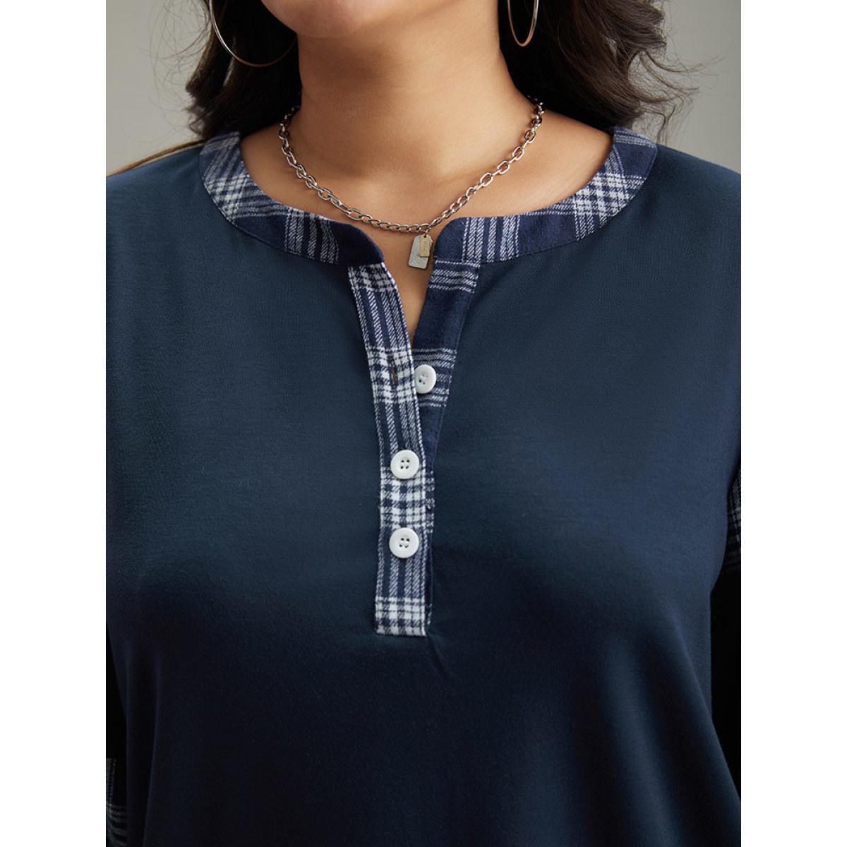 Plus Size Plaid Patchwork Button Up Rib Knit Sweatshirt Women Indigo Casual Elastic cuffs Open Front Dailywear Sweatshirts BloomChic 28/5X Product Image