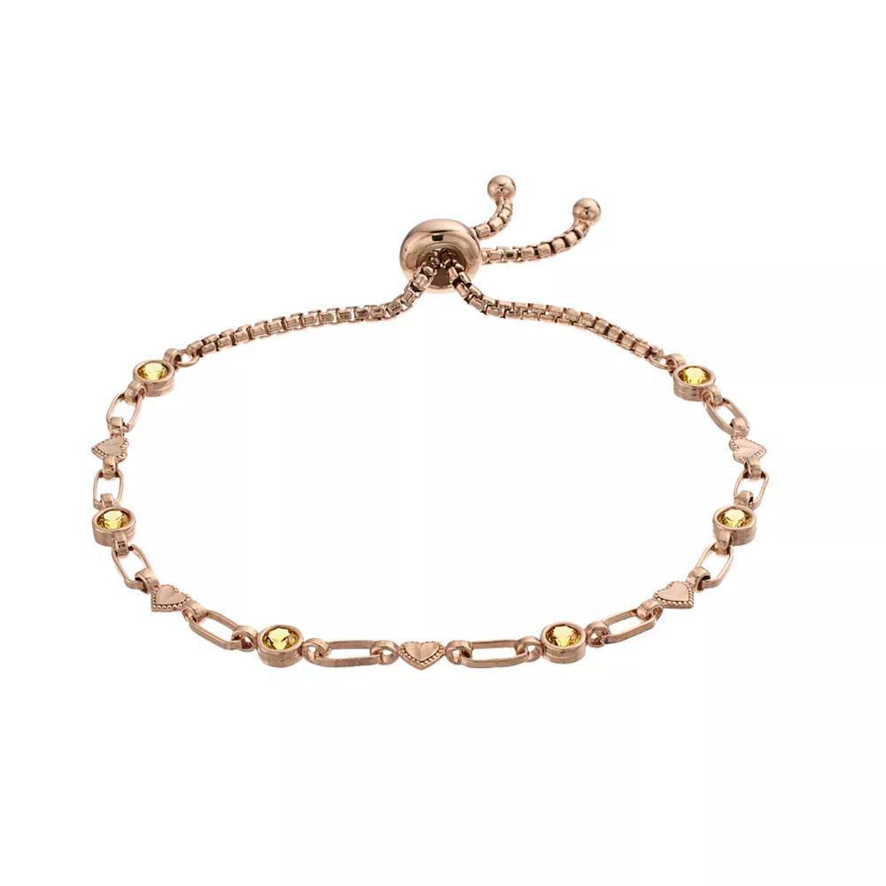 Kristen Kesho Sterling Silver Lab-Created Yellow Sapphire & Heart Link Adjustable Bolo Bracelet, Women's, Size: 9.50, Pink Tone Product Image