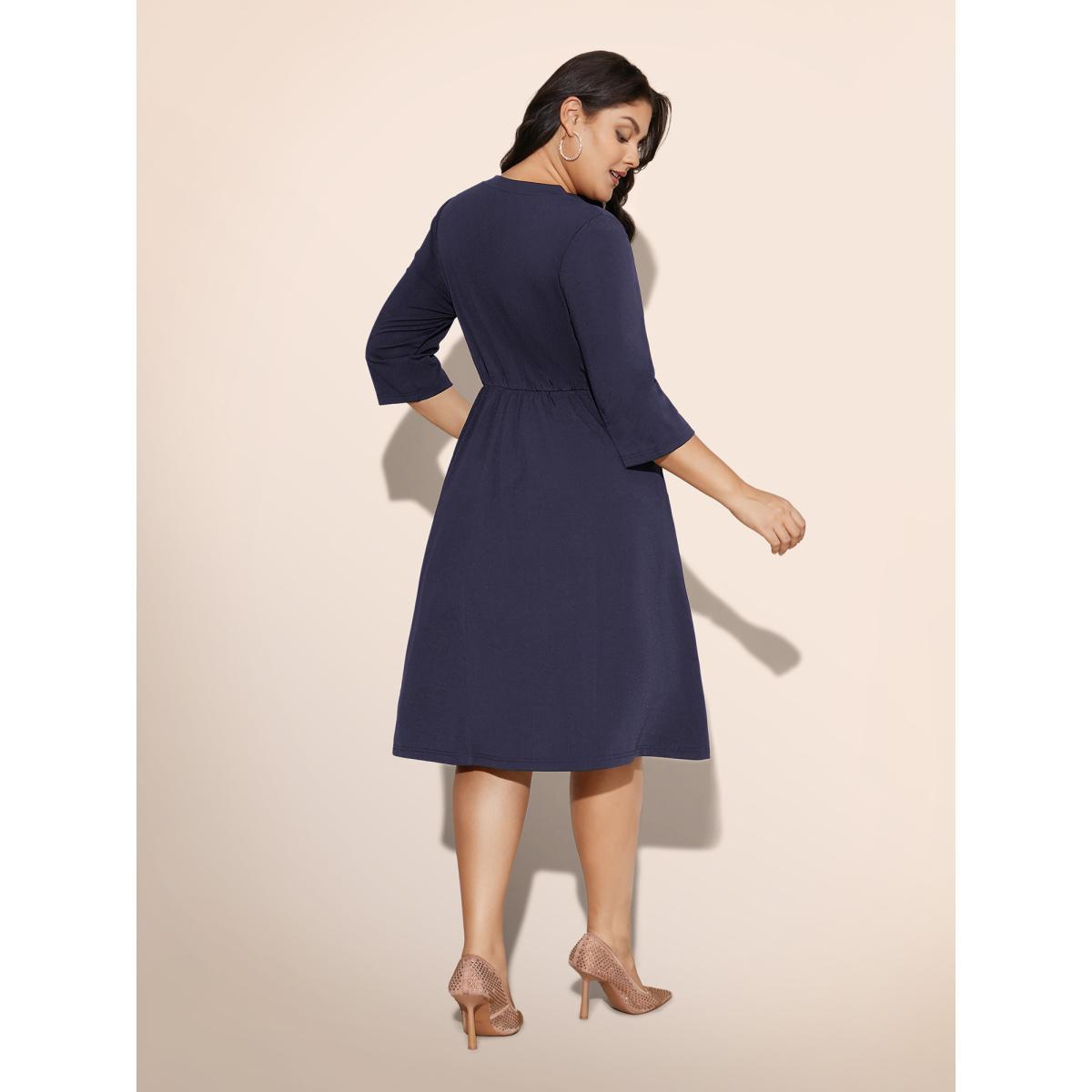 Plus Size Heart Neckline Patchwork Sequin Button Detail Dress DarkBlue Women Cocktail Texture Party Curvy Bloomchic 14-16/1X Product Image