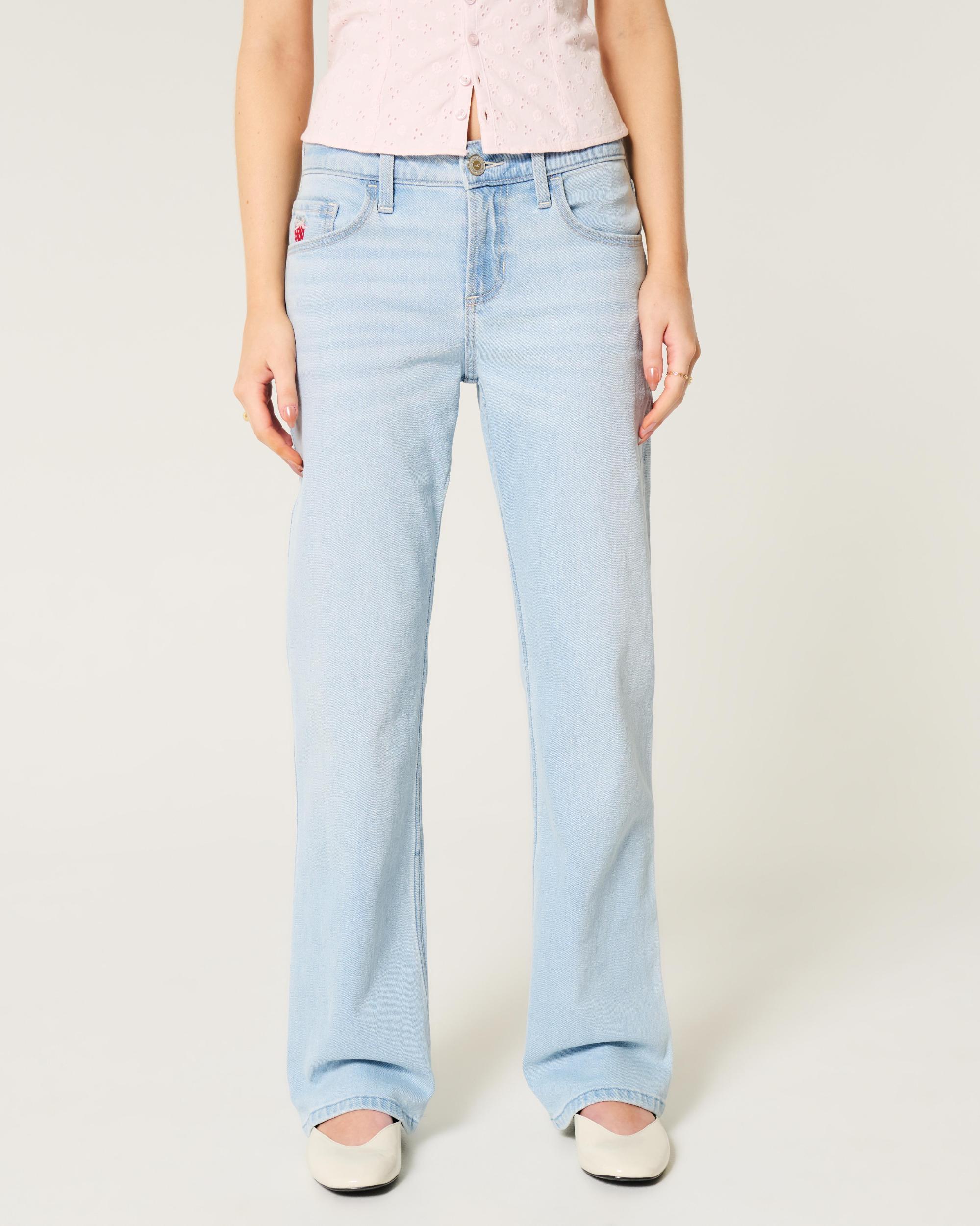 Low-Rise Light Wash Strawberry Graphic Relaxed Straight Jeans Product Image