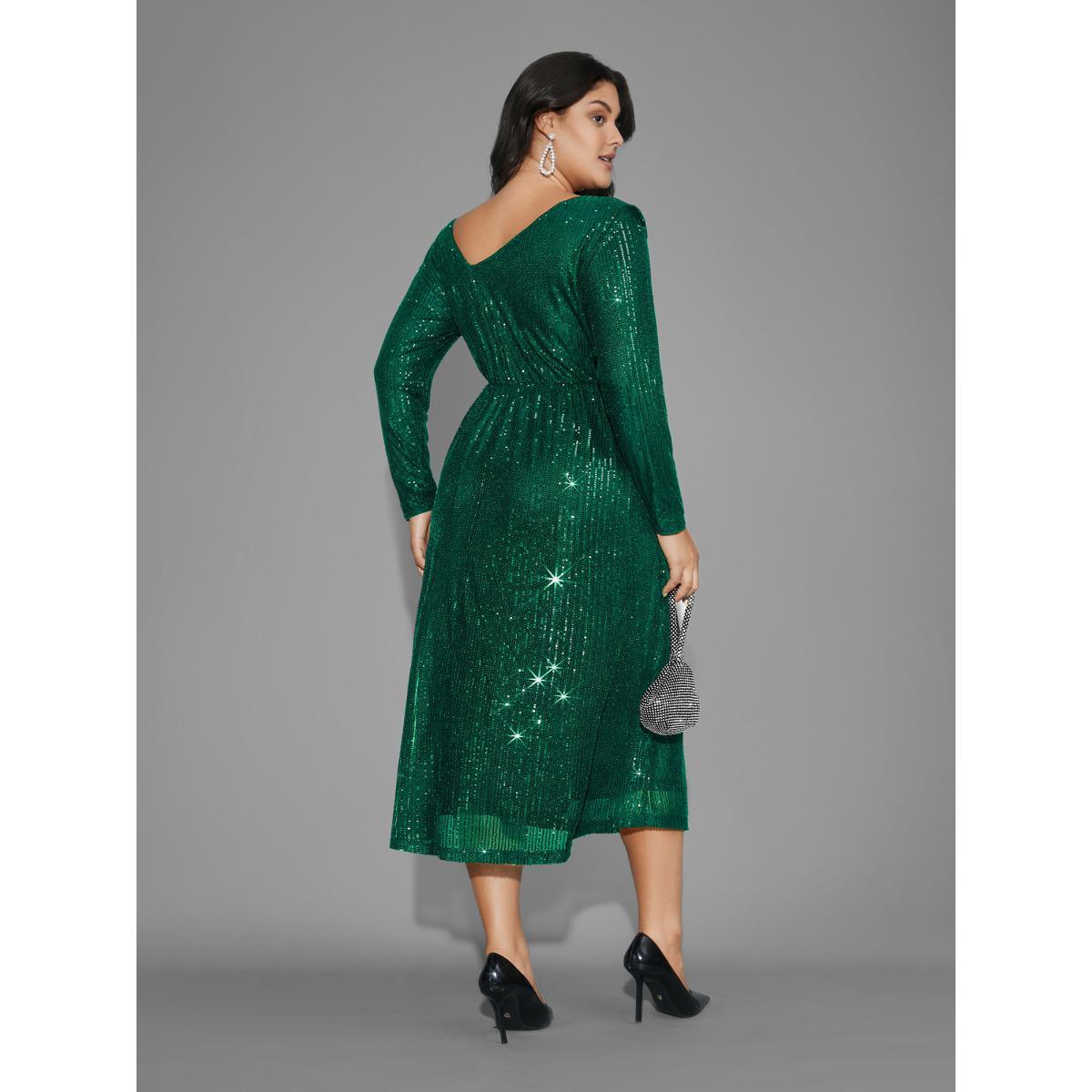 Plus Size Sequin Mesh Asymmetrical Neck Midi Dress DarkGreen Women Cocktail Texture Party Curvy Bloomchic 18-20/2X Product Image