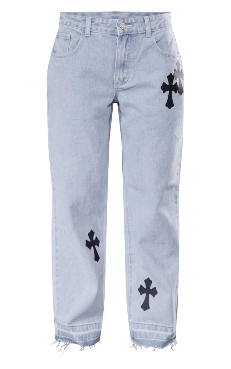 Petite Light Blue Wash Cross Applique Straight Leg Jeans Product Image