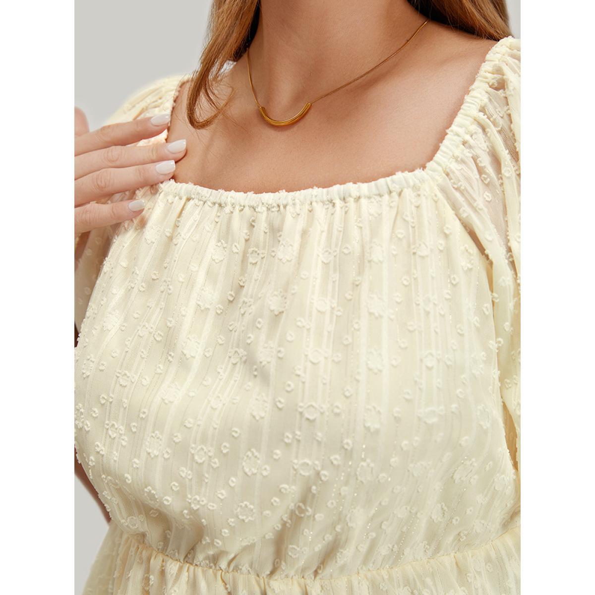 Plus Size Ivory Plisse Mesh Square Neck Elastic Waist Blouse Women Elegant Short sleeve Square Neck Dailywear Blouses BloomChic 10/M Product Image