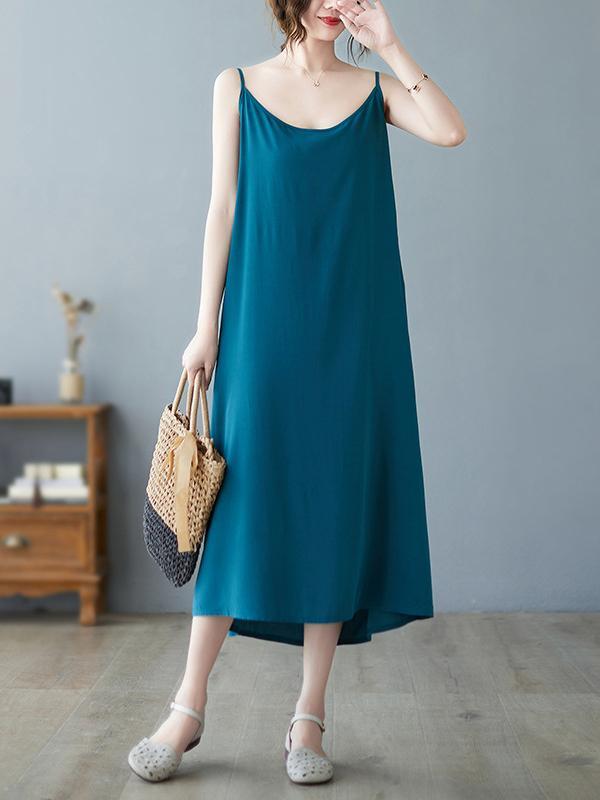 Loose Sleeveless Solid Color Spaghetti-Neck Midi Dresses Product Image