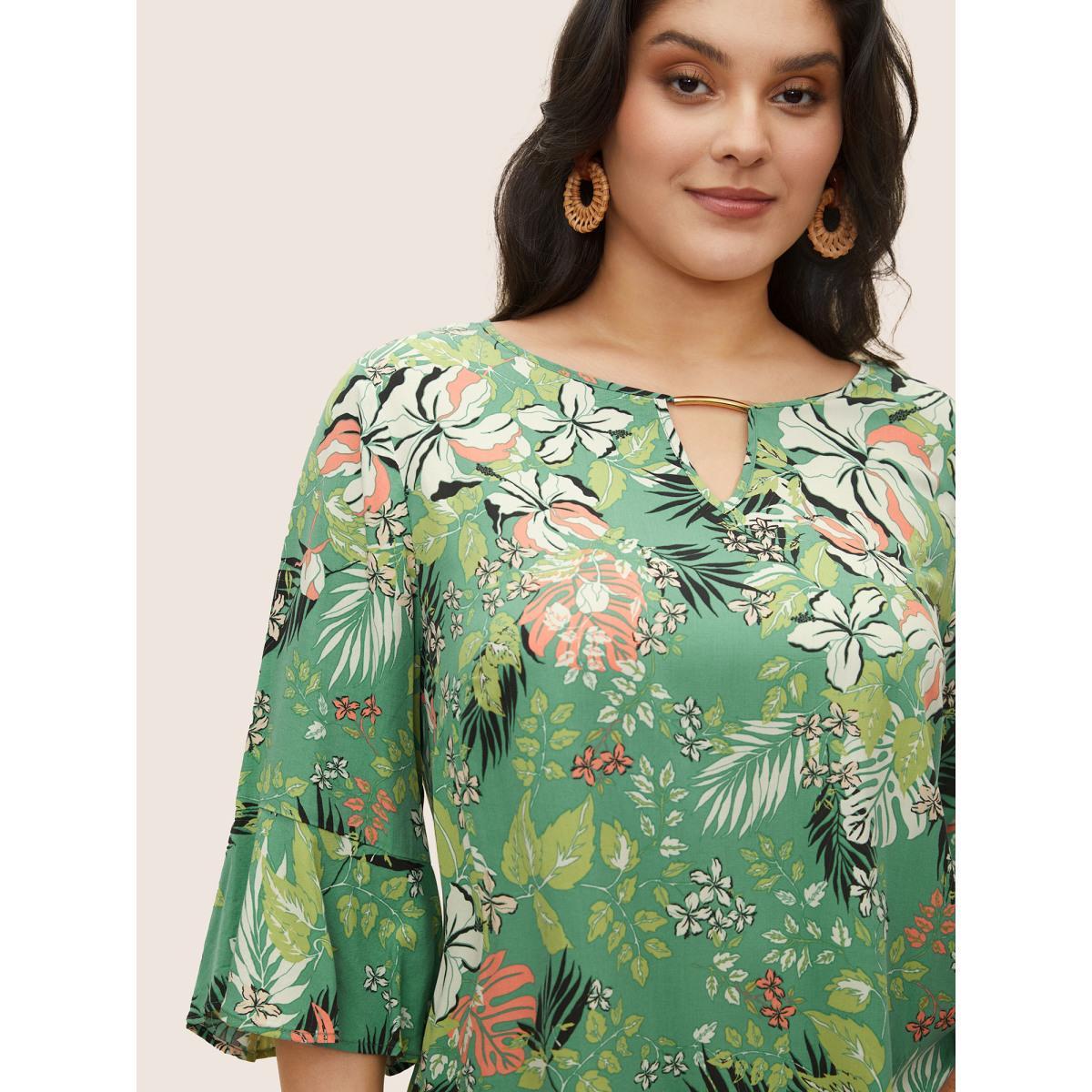 Plus Size Mint Tropical Print Keyhole Flutter Sleeve Blouse Women Resort Elbow-length sleeve Round Neck Vacation Blouses BloomChic 10/M Product Image