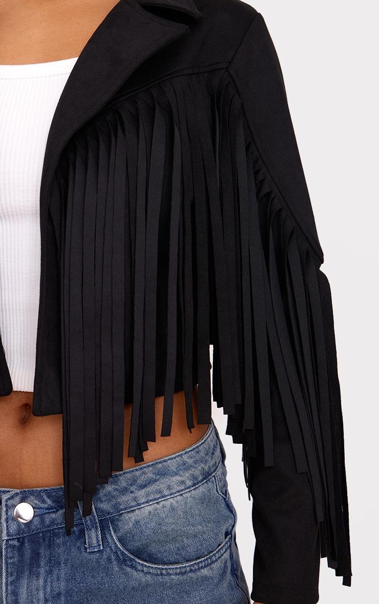 Black Cropped Tassel Faux Suede Jacket Product Image