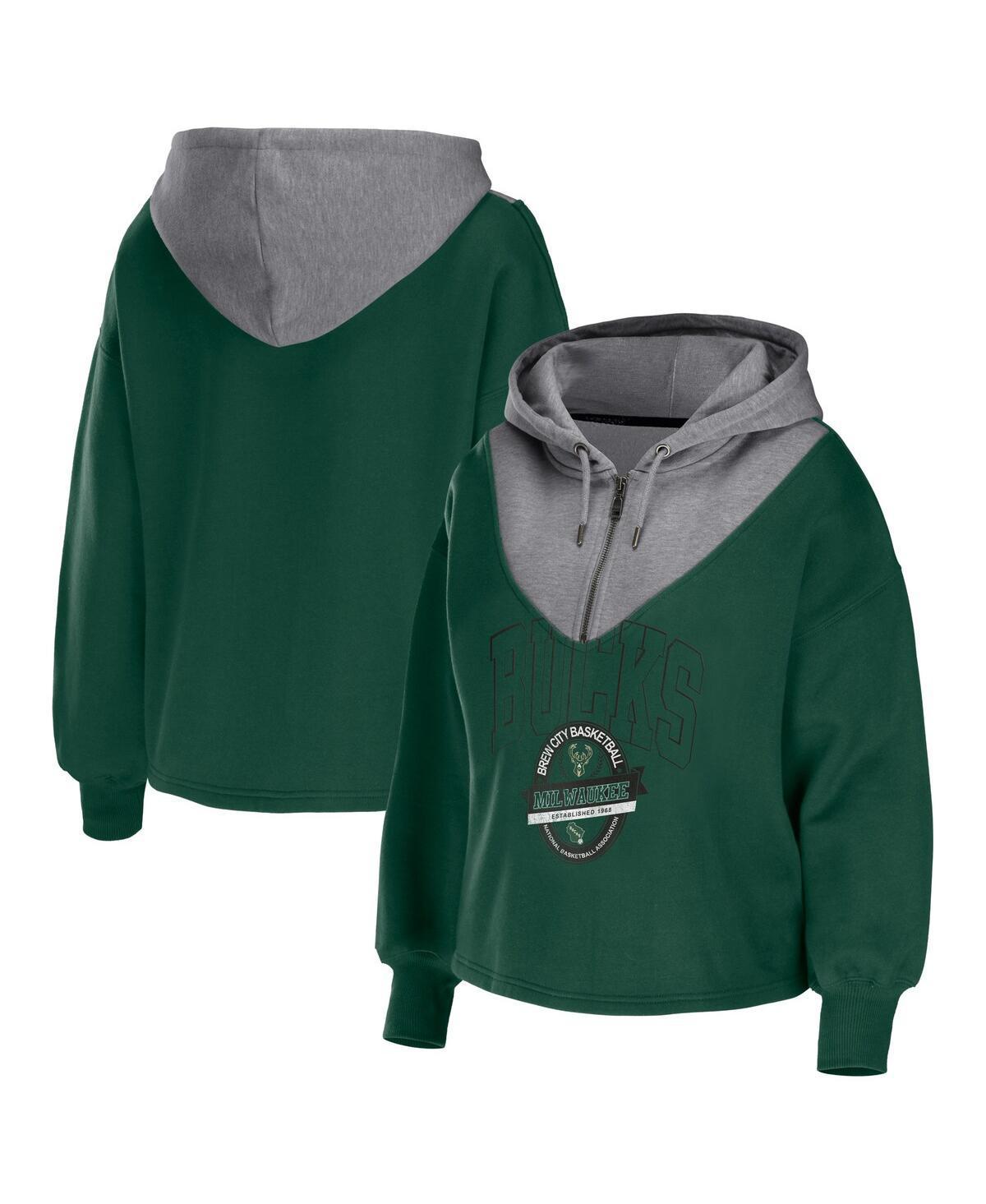 Women's WEAR by Erin Andrews Hunter Green Milwaukee Bucks Pieced Quarter-Zip Hoodie Jacket, Size: Large, Team Product Image