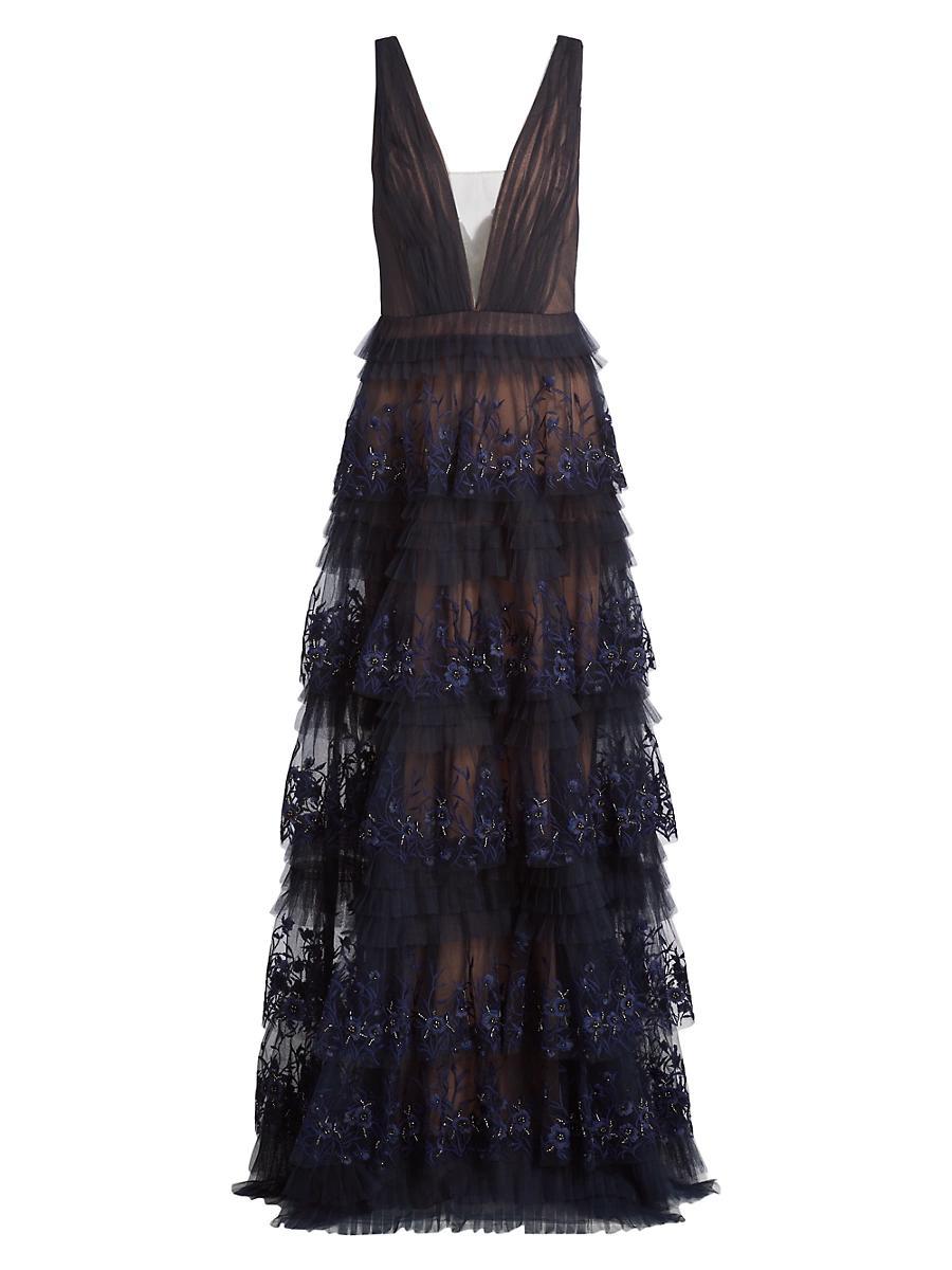 Womens Tulle Floral-Embroidered Tiered Gown Product Image