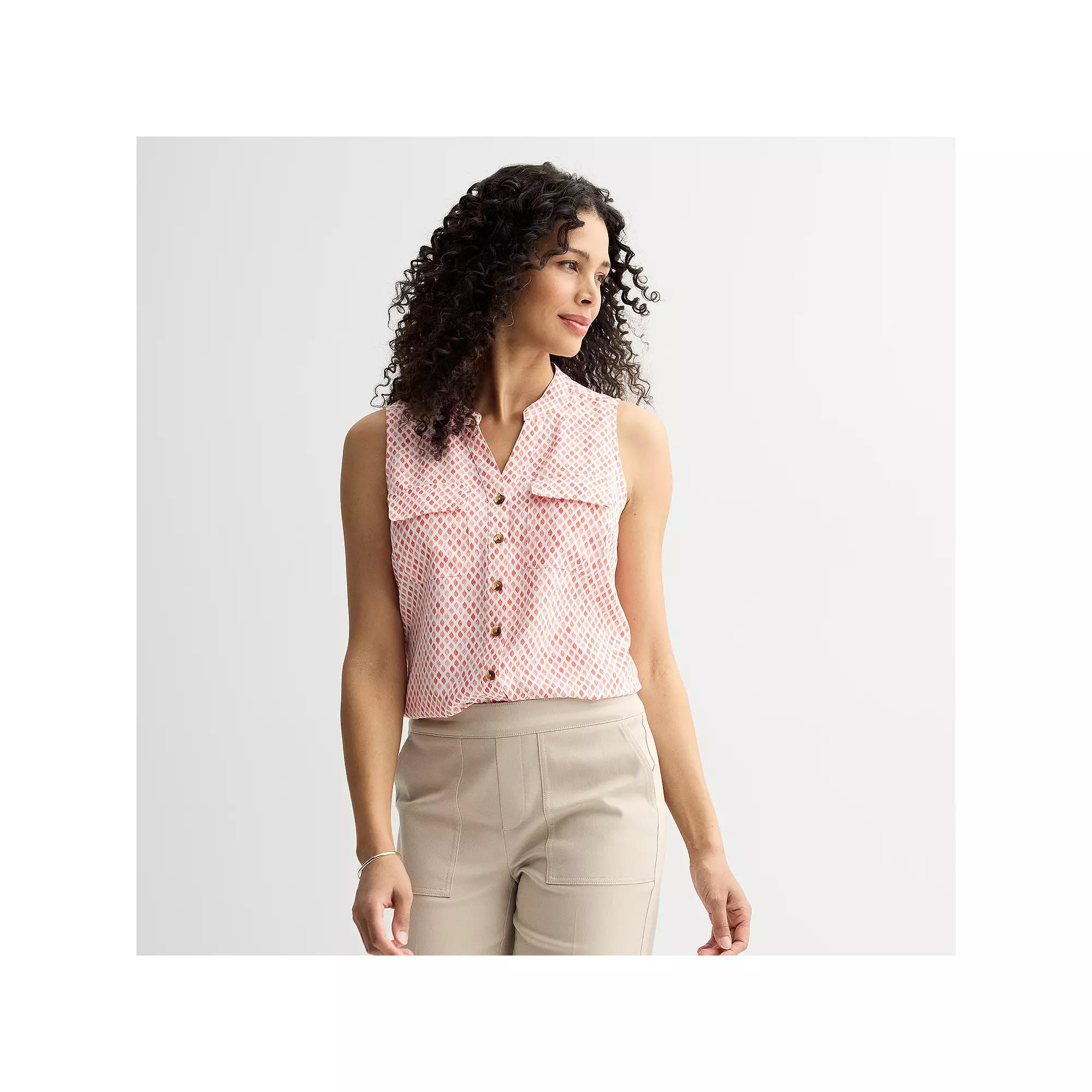 Women's Croft & Barrow® Y-Neck Tank Top, Size: XXL, White Pink Tiny Geo Product Image