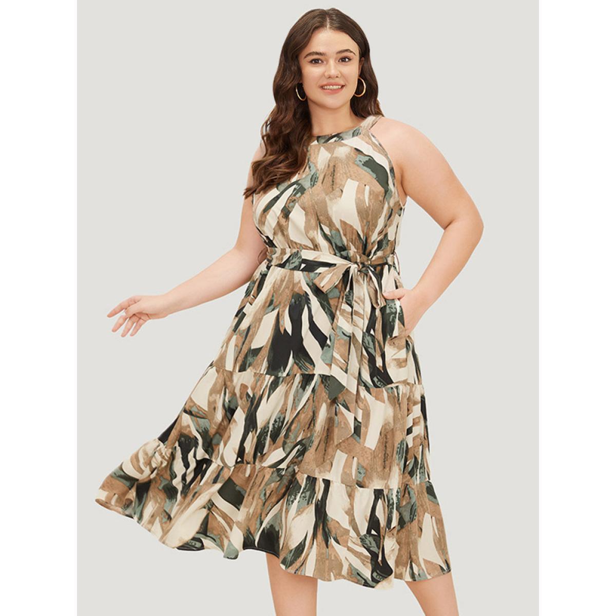 Plus Size Geometric Contrast Ruffles Layered Pocket Belt Knot Halter Dress DarkGreen Women Elegant Belted Halter neck Sleeveless Curvy Long Dress BloomChic 18-20/2X Product Image