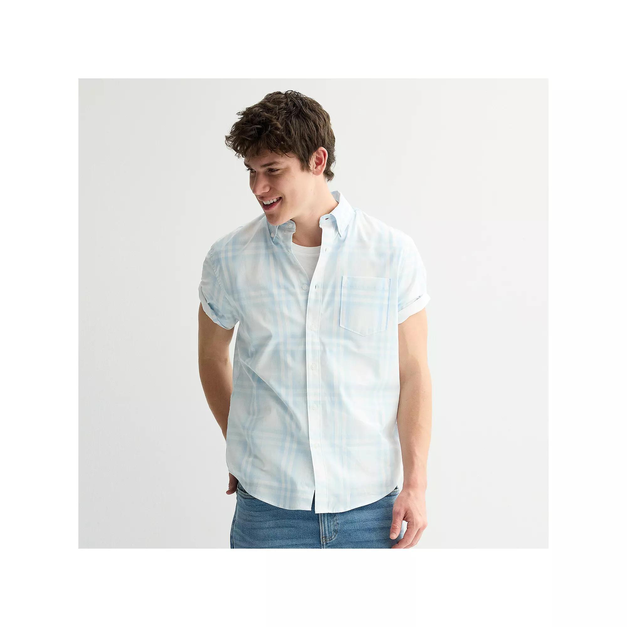 Men's Sonoma Goods For Life® Short Sleeve Perfect Length Button Down Shirt, Size: Large, Lt Blue Plaid Product Image