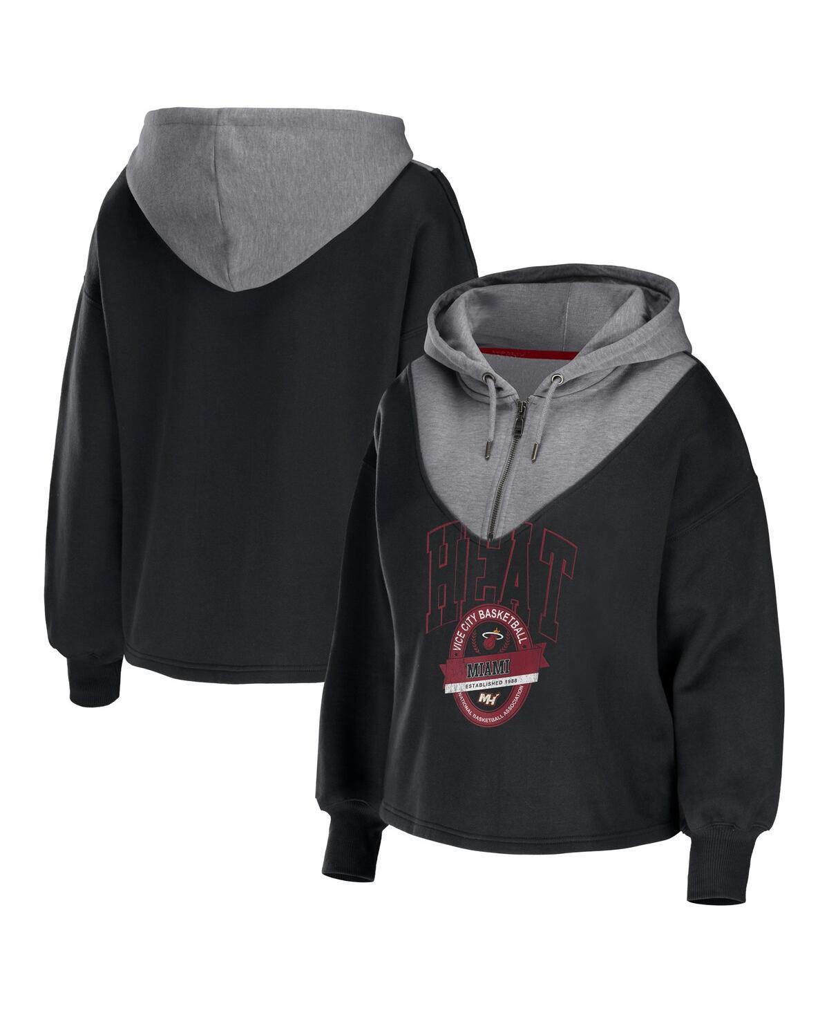 Women's WEAR by Erin Andrews Black Brooklyn Nets Pieced Quarter-Zip Hoodie Jacket, Size: Small Product Image