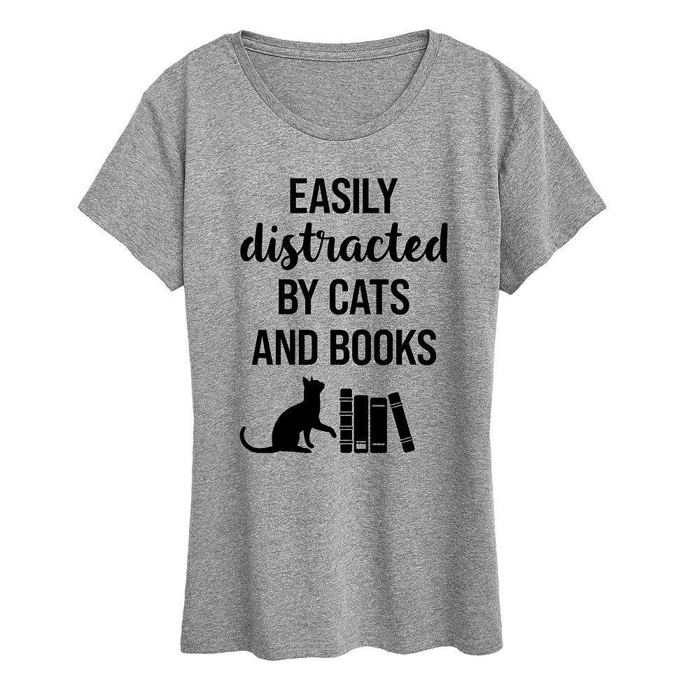 Women's Easily Distracted Cats Books Graphic Tee, Girl's, Size: Medium, Grey Gray Product Image