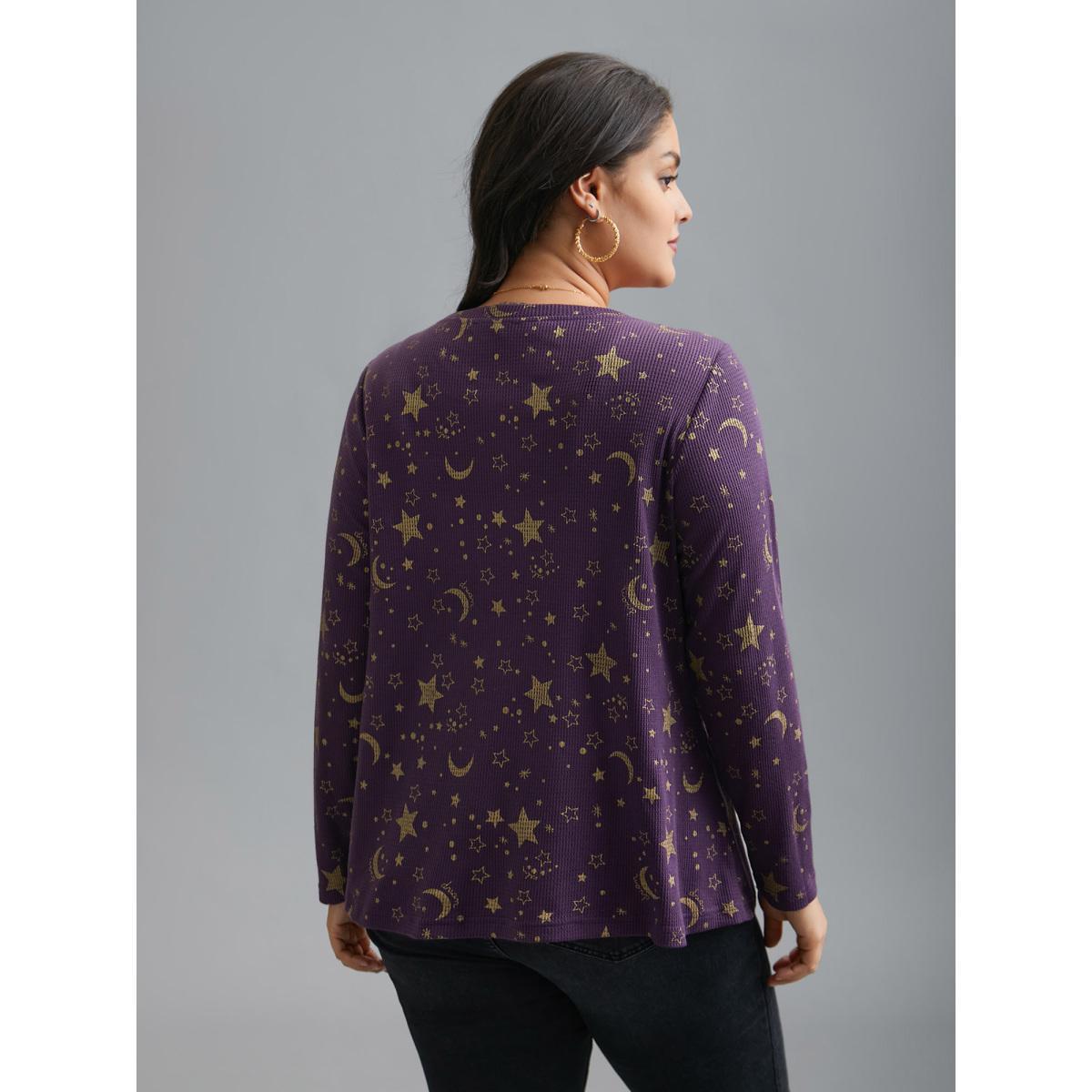 Plus Size Moon and Star Glitter Textured T-Shirt Deeppurple Women Casual Texture Star and moon Round Neck Everyday T-shirts BloomChic 12/L Product Image