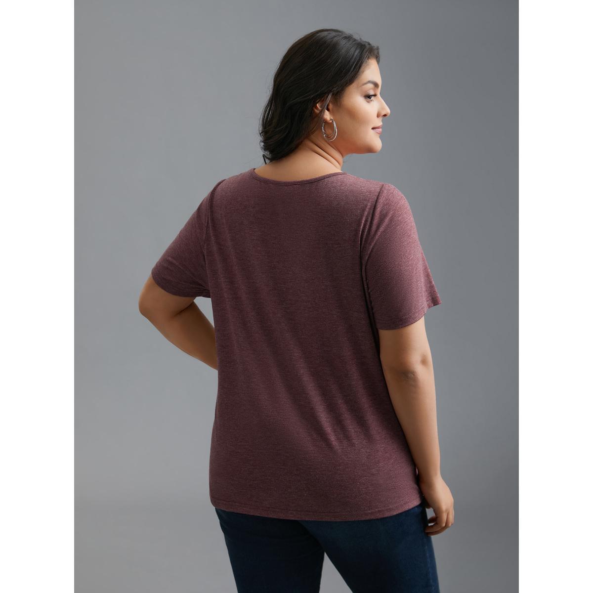 Plus Size V Neck Heart Print T-Shirt Russet Women Casual Non Art&design Round Neck Everyday T-shirts BloomChic 14-16/1X Product Image