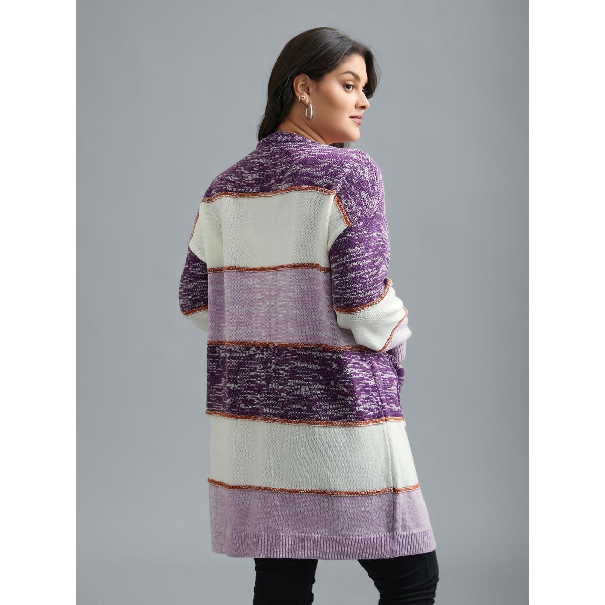 Plus Size Color Block Textured Open-Front Cardigan Deeppurple Women Casual Loose Long Sleeve Everyday Cardigans BloomChic 10/M Product Image