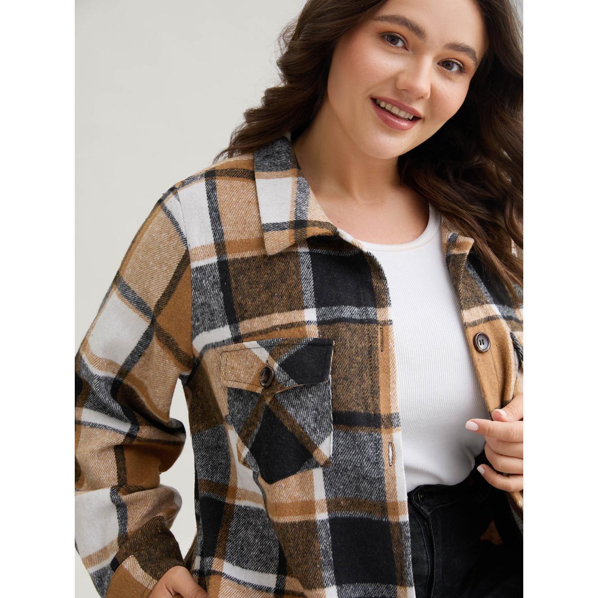 Plus Size Plaid Chest Pockets Long Jacket Women Bronze Button Loose Side seam pocket Everyday Jackets BloomChic 18-20/2X Product Image