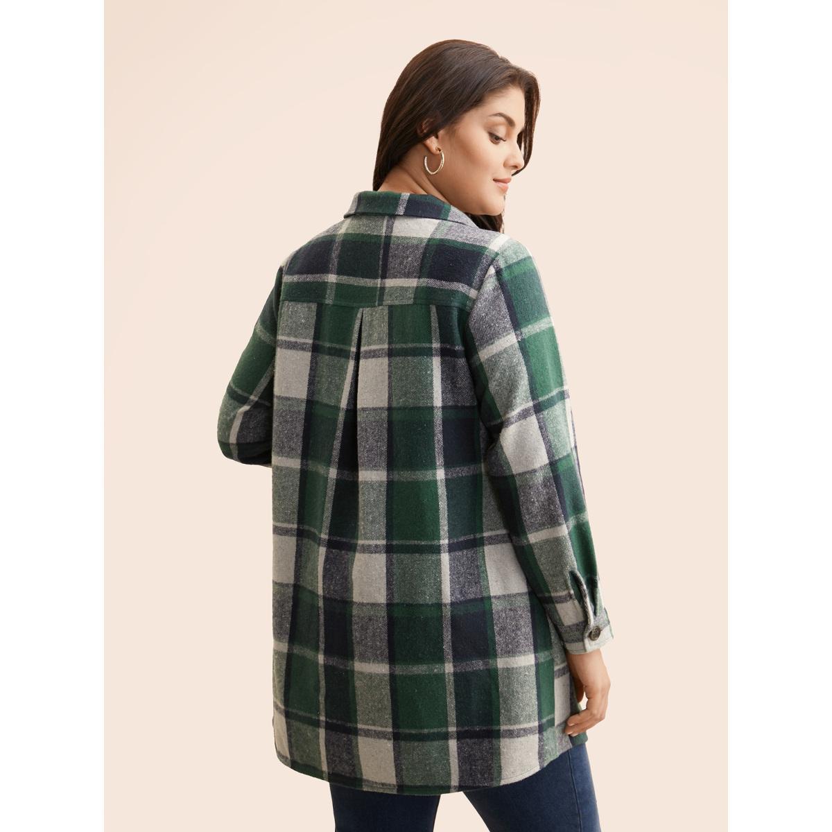 Plus Size Plaid Chest Pockets Long Jacket Women DarkGreen Button Loose Side seam pocket Everyday Jackets BloomChic 12/L Product Image