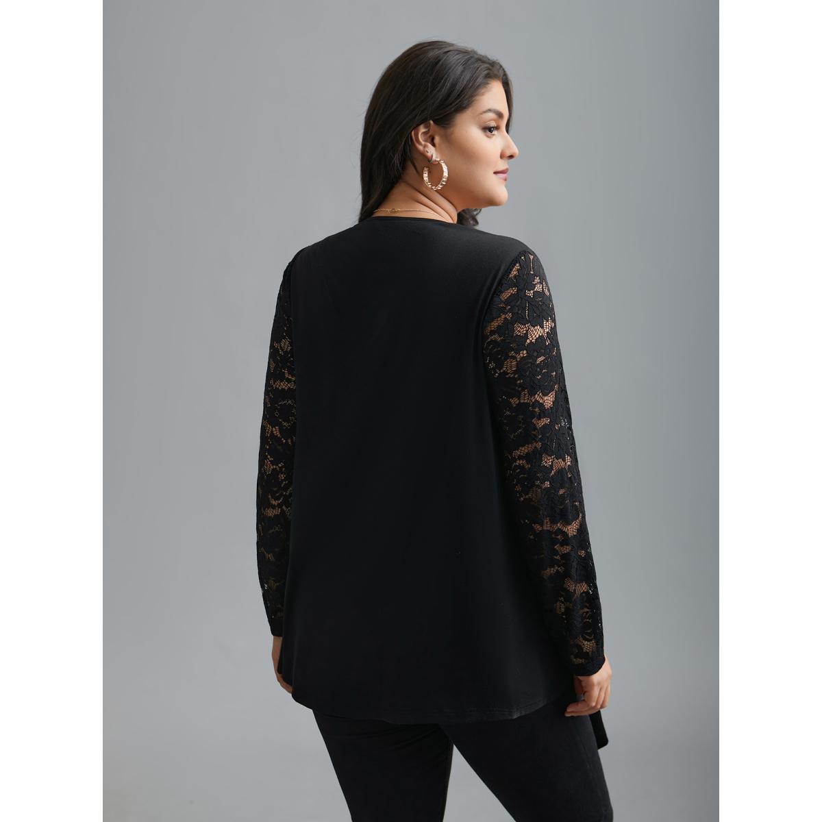 Plus Size Crochet Lace Mesh Asymmetrical Trim Cardigan Women Black Elegant See through Loose Everyday Kimonos BloomChic 22-24/3X Product Image