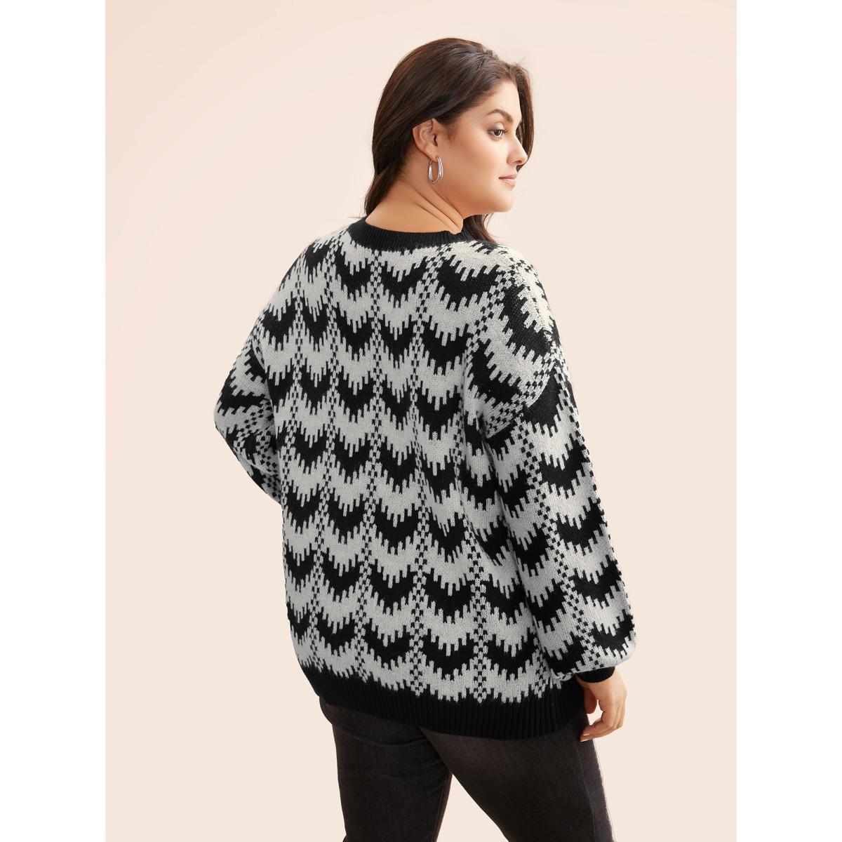 Plus Size Geometric Jacquard Drop Shoulder Sleeve Pullover Black Women Casual Loose Long Sleeve Round Neck Everyday Pullovers BloomChic 14-16/1X Product Image