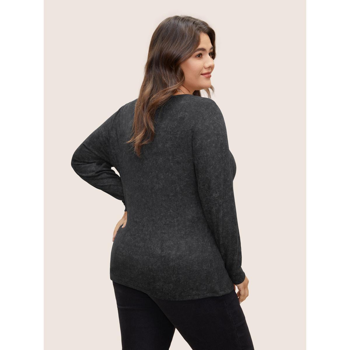 Plus Size Vintage Textured Button Up T-shirt Black Women Casual Texture Plain V-neck Everyday T-shirts BloomChic 22-24/3X Product Image