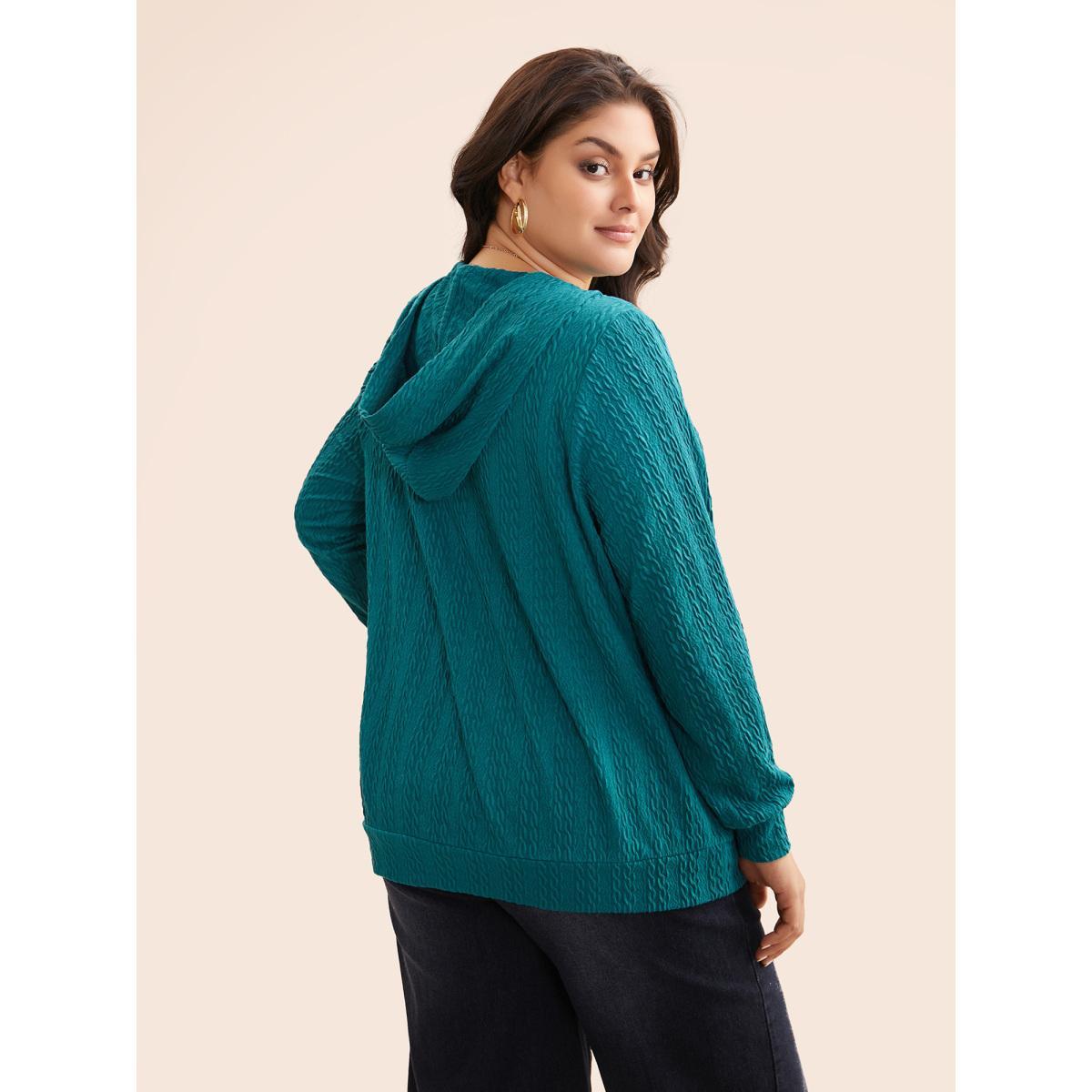 Plus Size Plain Textured Lace Up Hooded Sweatshirt Women Teal Casual Eyelet Non Everyday Sweatshirts BloomChic 10/M Product Image