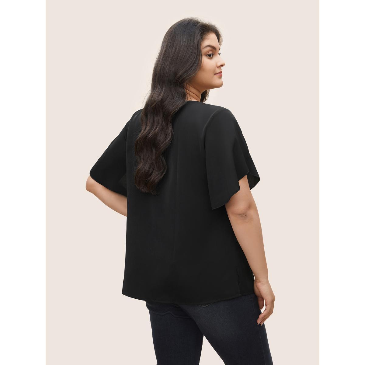 Plus Size Black Solid Keyhole Petal Sleeve Pleated Blouse Women Work From Home Short sleeve Notched collar Work Blouses BloomChic 14-16/1X Product Image