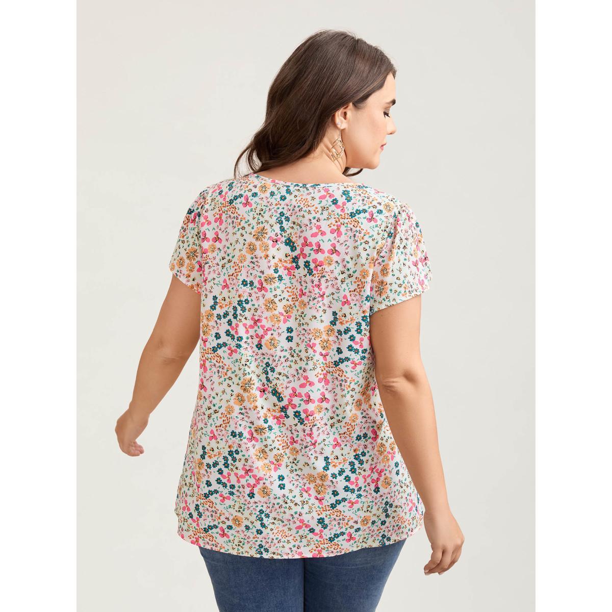 Plus Size WhiteSmoke Multi-Color Floral Print Lace Spliced Blouse Women Elegant Cap Sleeve Round Neck Everyday Blouses BloomChic 14-16/1X Product Image