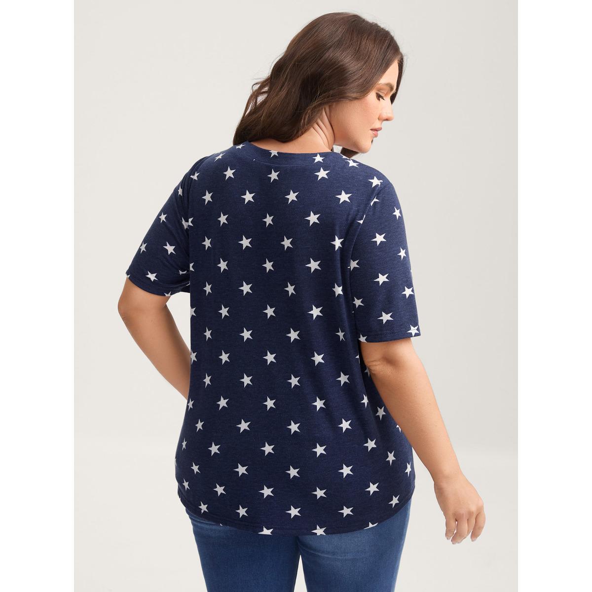 Plus Size Star Print Crisscross Neck Tie T-Shirt Navy Women Eyelet V-neck Everyday-Casual T-shirts BloomChic 28/5X Product Image