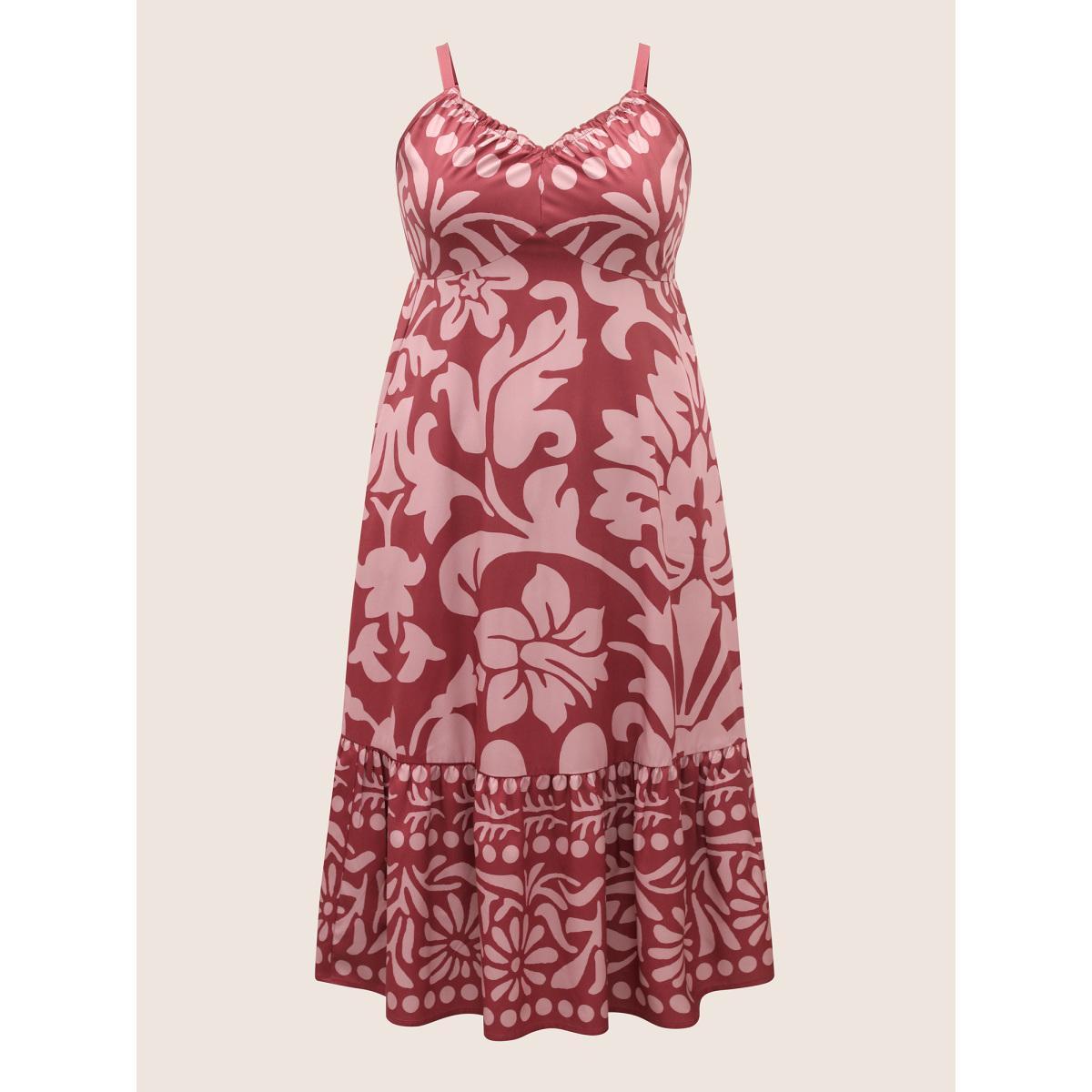 Plus Size Silhouette Floral Print Frill Trim Cami Dress DustyPink Women Resort Gathered V-neck Sleeveless Curvy BloomChic 14-16/1X Product Image