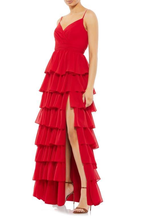 Mac Duggal Tiered Ruffle V-Neck Sleeveless V-Back Thigh High Slit A Product Image