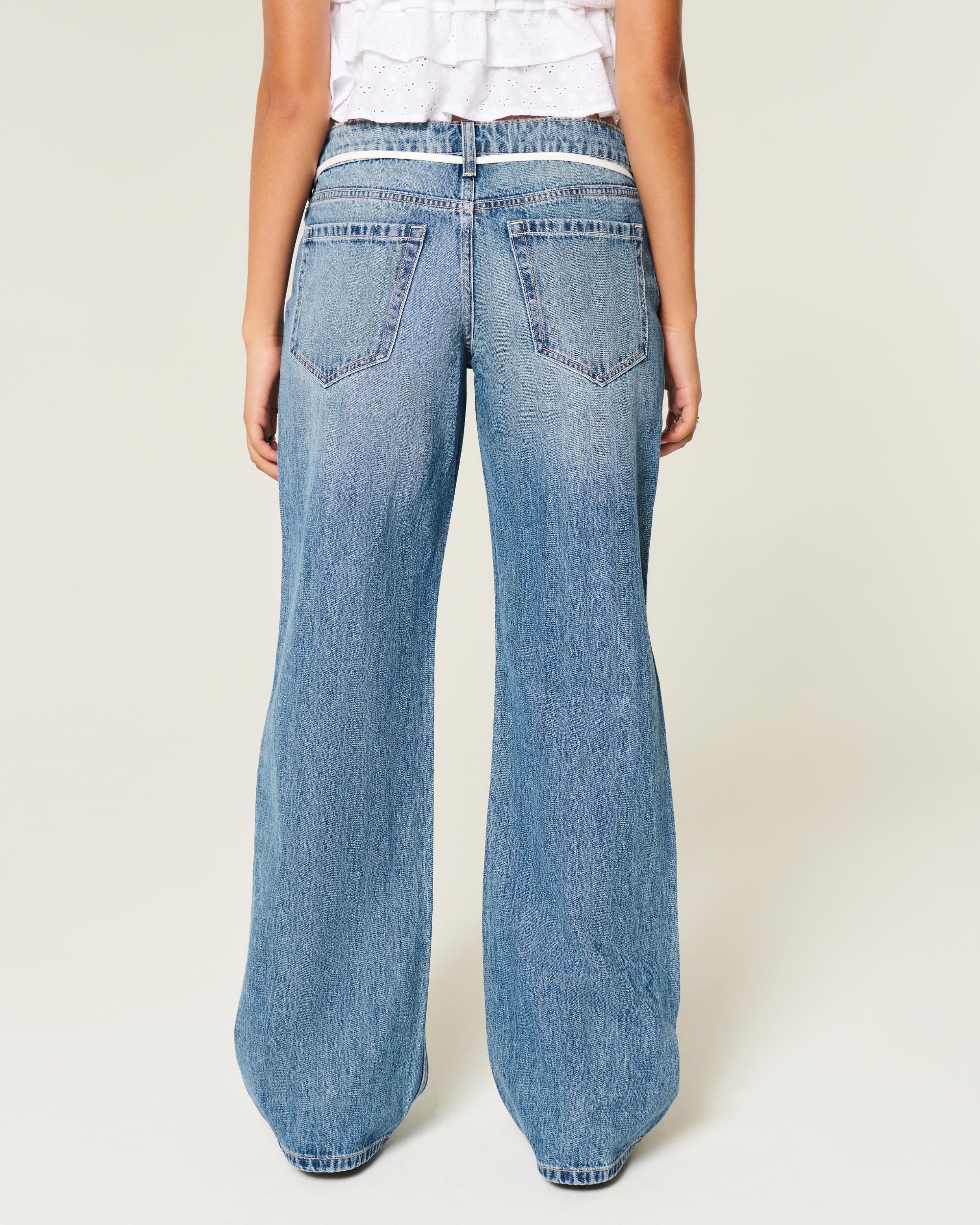 Low-Rise Medium Wash Shoestring Waist Baggy Jeans Product Image