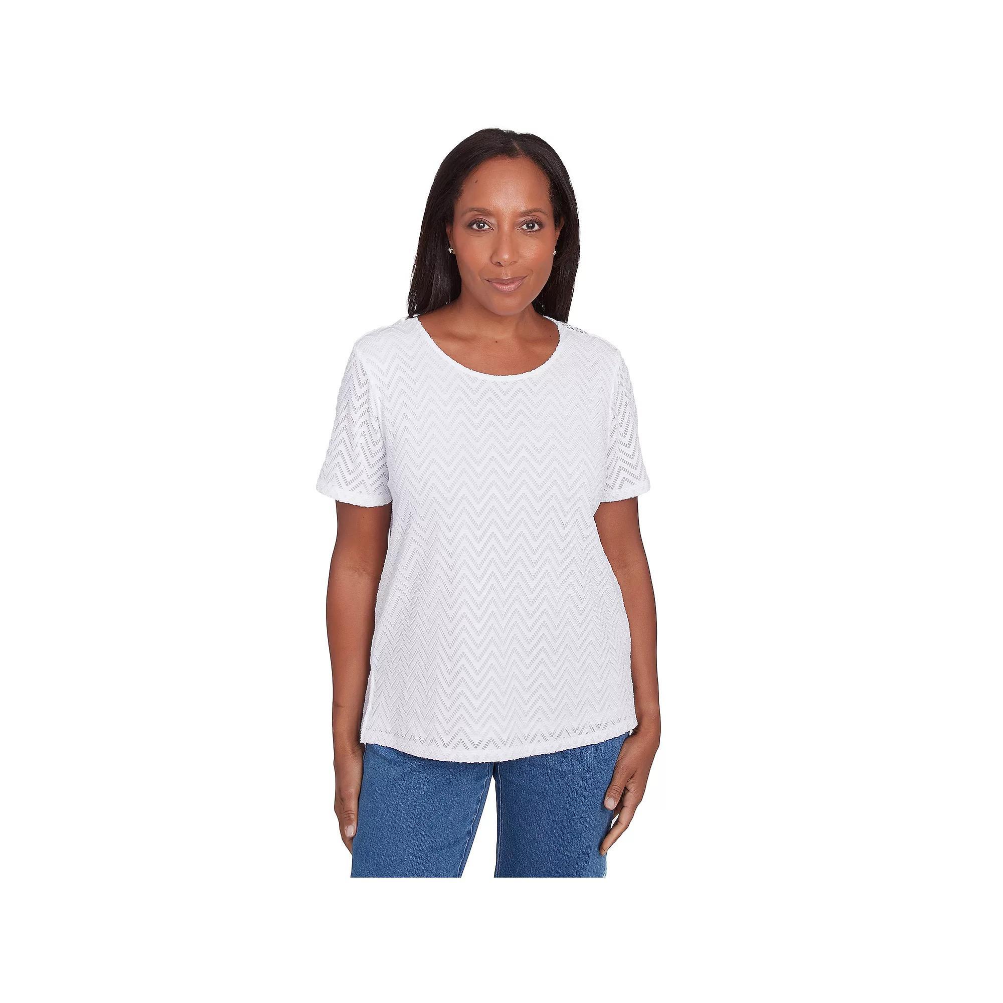 Women's Alfred Dunner Textured Chevron Lace Back Tee, Size: Small, White Product Image