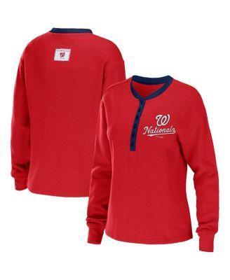 Women's WEAR by Erin Andrews Red Washington Nationals Waffle Henley Long Sleeve T-Shirt, Size: 2XL Product Image
