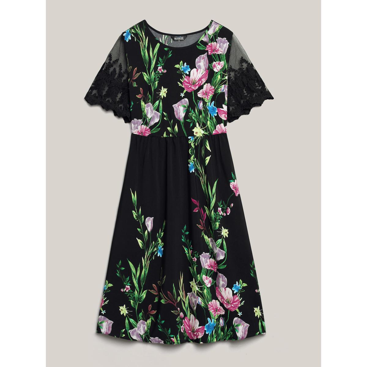 Plus Size Floral Print Flared Sleeve Spliced Midi Dress Black Women Elegant See through Round Neck Short sleeve Curvy BloomChic 28/5X Product Image