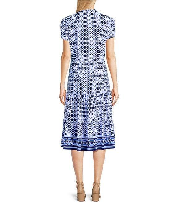 Jude Connally Terrace Geo Border Print Jude Cloth Stretch Knit V-Neck Short Puff Sleeve A-Line Tiered Dress Product Image