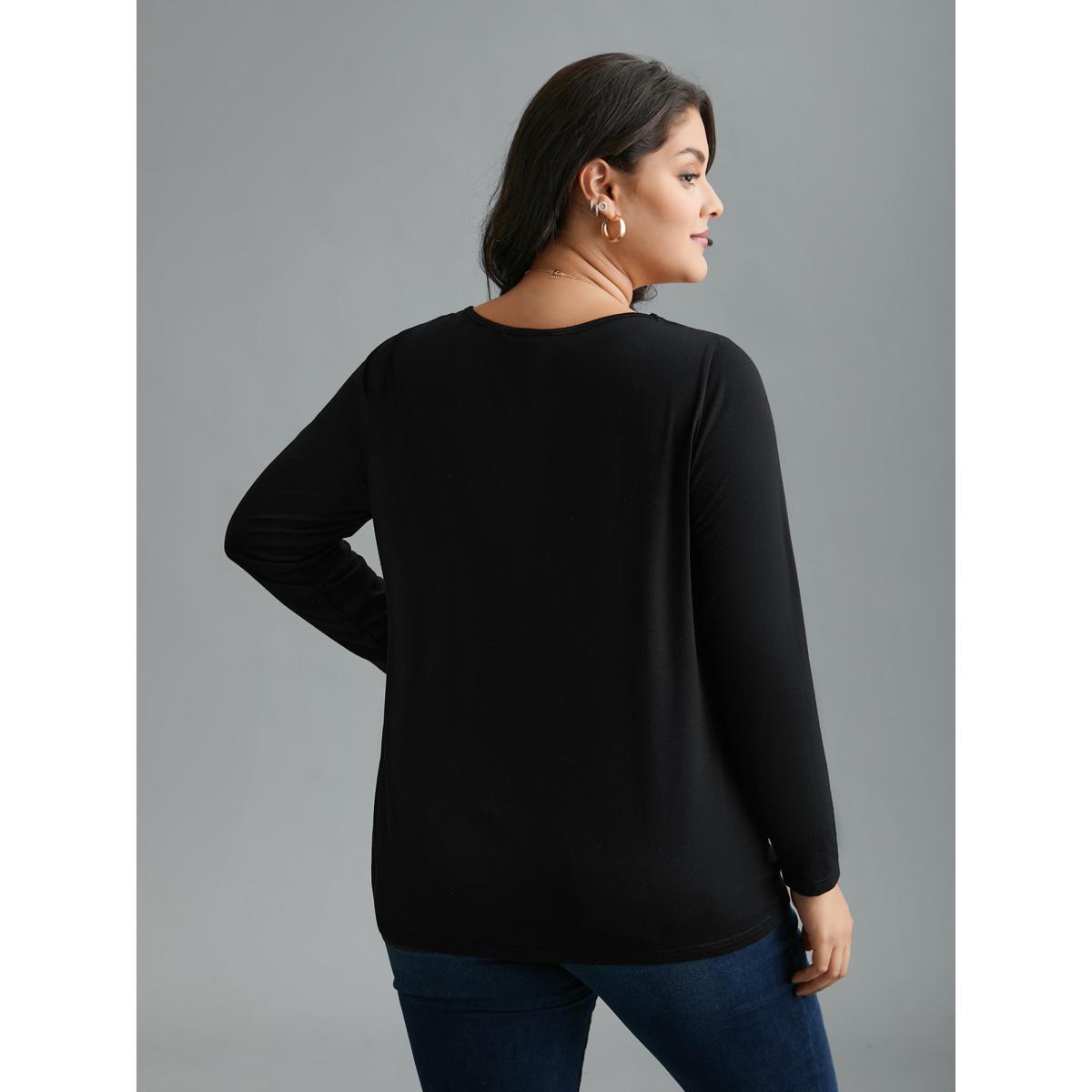 Plus Size Asymmetrical Neckline Long Sleeve T-shirt Black Women Casual Cut-Out Asymmetrical Neck Everyday T-shirts BloomChic 10/M Product Image