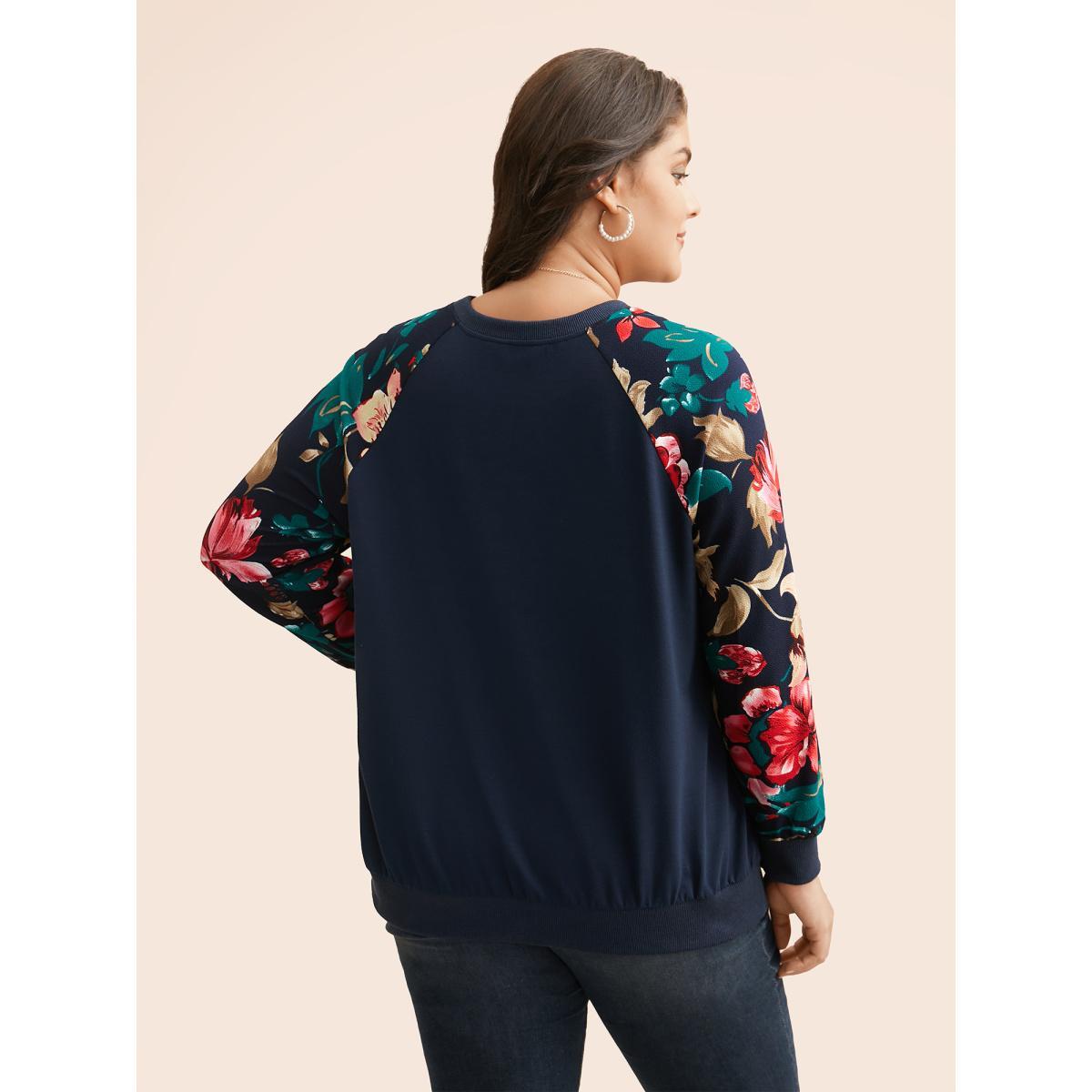 Plus Size Floral Patchwork Raglan Sleeve Sweatshirt Women DarkBlue Elegant Contrast Round Neck Everyday Sweatshirts BloomChic 22-24/3X Product Image